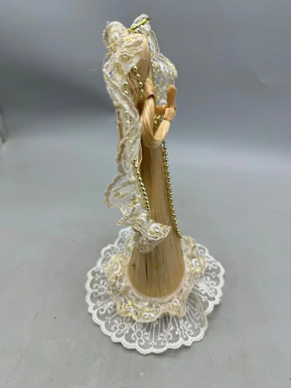 Handcrafted Straw & Lace Angel Figurine With Gold Bead Accents & Halo READ